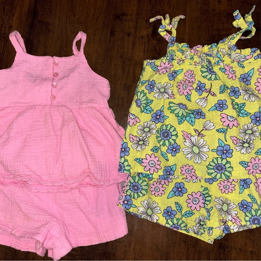 Falls Creek Pink Gauze Romper & Yellow Floral Romper Set